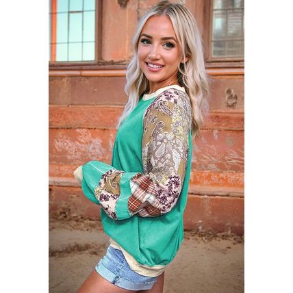 Aruba Blue Plaid Vintage Paisley Patchwork Long Sleeve Raglan Top