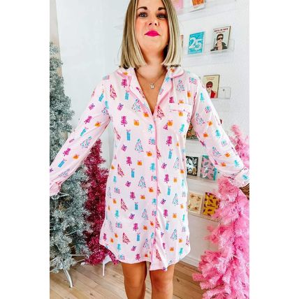 Pink Christmas Twinkle Tree Print Shirt Sleep Dress