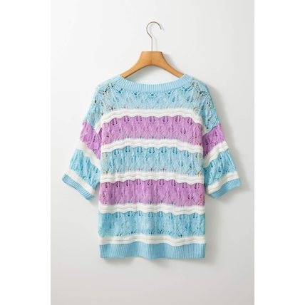 Purple Stripe Color Block Hollow Out Crochet Half Sleeve Sweater