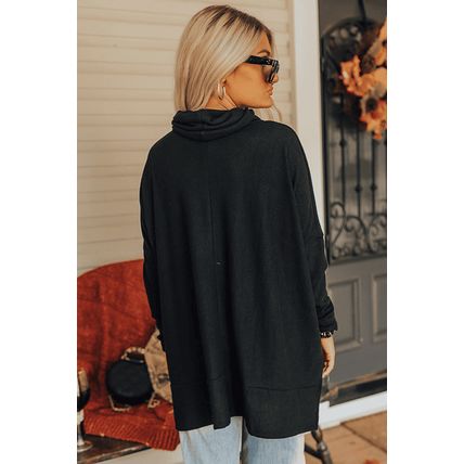 Black Valentines Chenille Heart Patched Dolman Sleeve High Neck Split Top