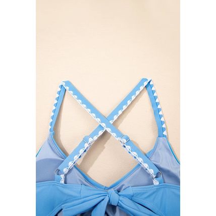 Beau Blue Ric Rac Trim Contrasted Patchwork Cutout One Piece Swimsuit