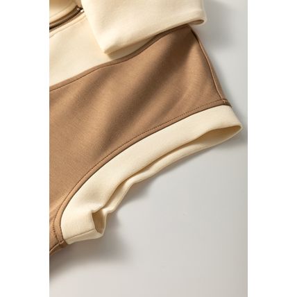 Simply Taupe Half Zipper Collared Colorblock Short Sleeve Top