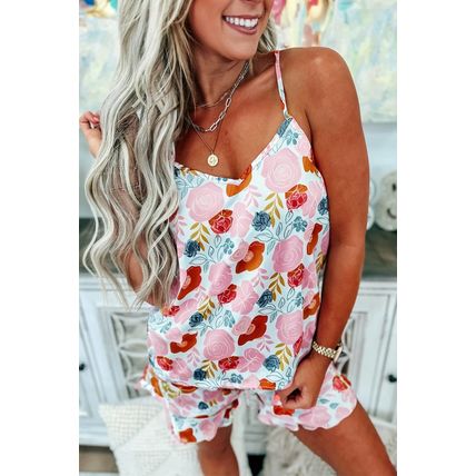 Multicolour Floral V Neck Cami Top and Ruffled Shorts Lounge Set
