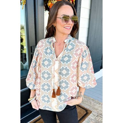 Khaki Geometric Print Tassel Tie Split Neck Balloon Sleeve Blouse