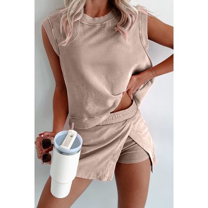 Smoke Gray 2 Pieces Mineral Wash Cotton Tank Top Lined Split Skirt Set