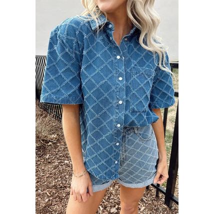 Dusk Blue Checkered Textured Short Sleeve Patched Pocket Denim Shirt