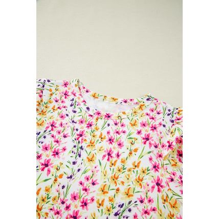 Pink Floral Puff Short Sleeve Crewneck Blouse