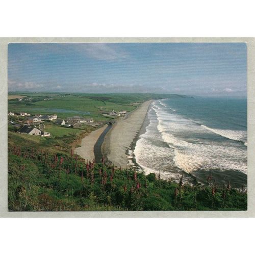 Newgale Pembrokeshire Wales postcard. View of beach, houses village countryside