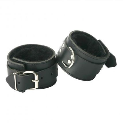 Strict Leather Premium Fur Lined Wrist Cuffs S&M Bondage Handcuffs BDSM Black Sl