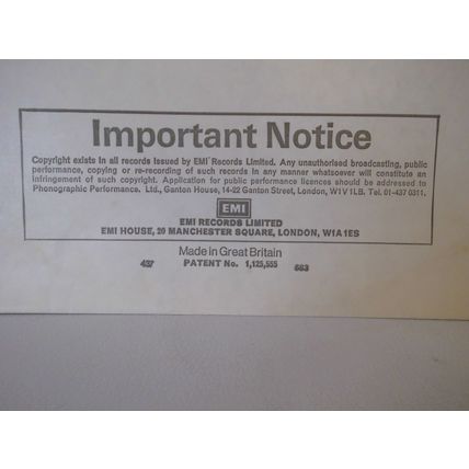 12" EMI RECORD INNER,THINK BUBBLE. IMPORTANT NOTICE, CODE 437 683 EXCELLENT