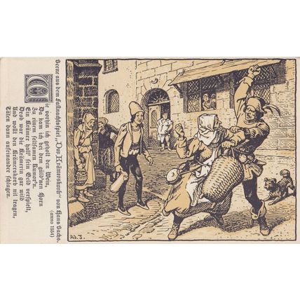 German Jester Beating Up Old Lady Antique Postcard
