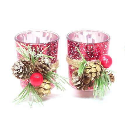 Christmas Red Glass Tea Light Holders with Winter Berry & Cone Decoration 6.5 CM
