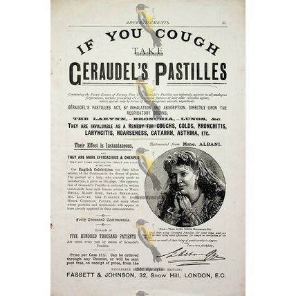 Geraudel's Pastilles, Cough Cure, Victorian Advert, Book Illustration, 1893