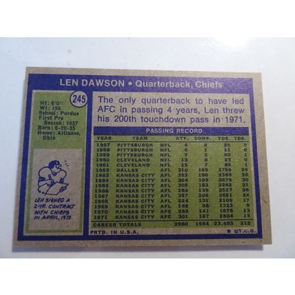 1972 Topps Football Card # 245 Len Dawson VG-Ex (4) Kansas City Chiefs