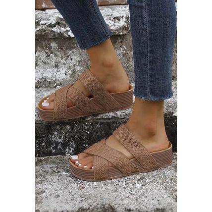 Brown Linen Woven Cross Criss Hollowed Slip-On Slippers