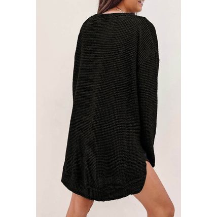 Black Waffle Knit High Slits Oversized Top