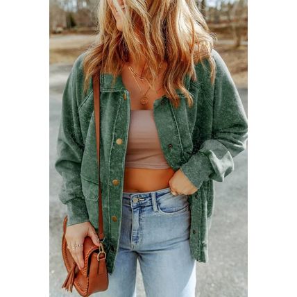 Green Vintage Washed Flap Pocket Button Shacket