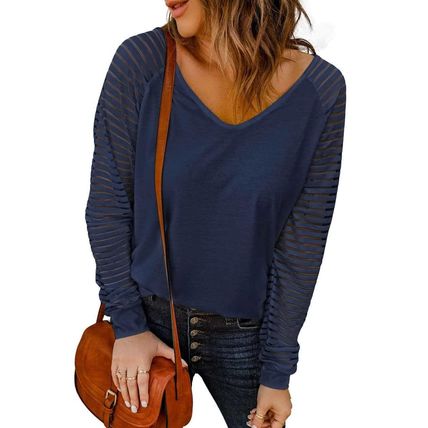 Blue Sheer Stripe V-Neck Top