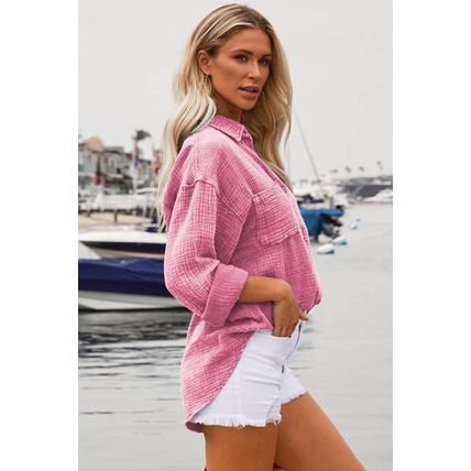 Pink Mineral Wash Crinkle Textured Chest Pockets Shirt