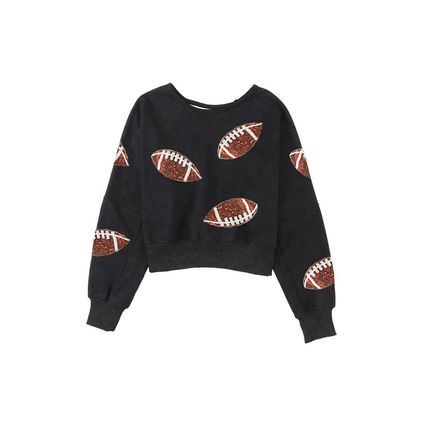 Black Sequined Rugby Graphic Open Back Sweatshirt