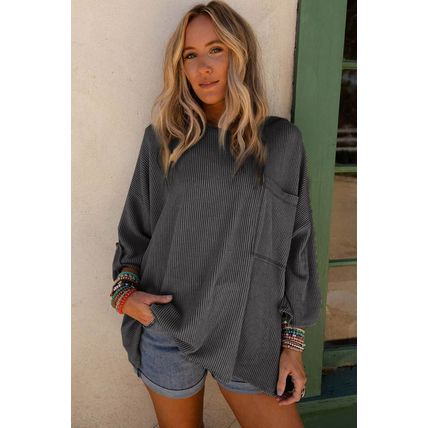 Dark Gray Ribbed Roll-tab Sleeve Chest Pocket Oversize Top