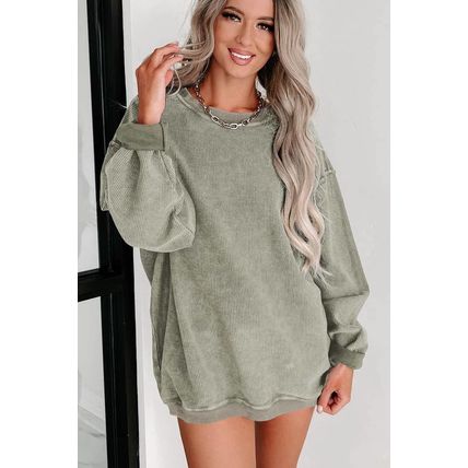 Green Solid Ribbed Knit Round Neck Pullover Sweatshirt