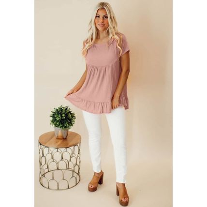 Pink Solid Short Sleeve Ruffle Hem Top