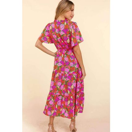 Rose Floral Short Sleeve Smocked Waist Maxi dress