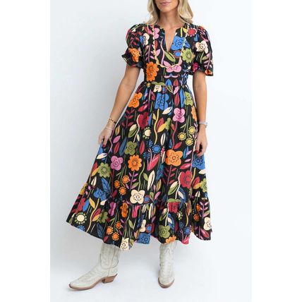 Black Retro Floral Printed Split Neck Maxi Dress