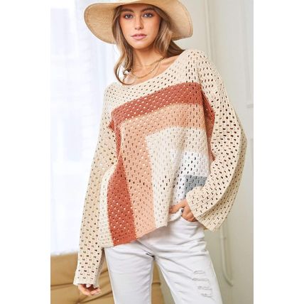 Apricot Pointelle Knit Colorblock Baggy Sweater