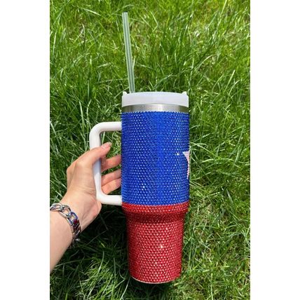 Dark Blue American Flag Star Full Rhinestone Handle Tumbler 40oz