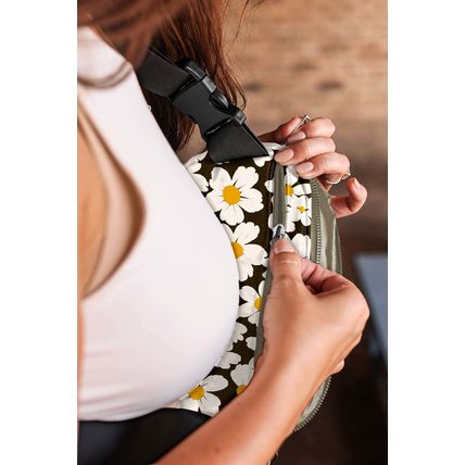 Black Daisy Printed Buckle Strap Crossbody Bag