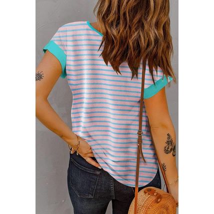 Pink Stripe Contrast Trim Half Zip Short Sleeve Top