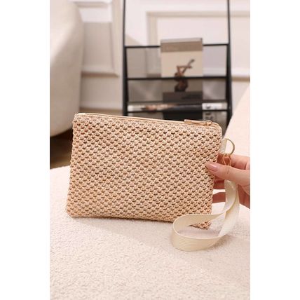 Beige Woven Zipper Wrist Strap Square Handbag