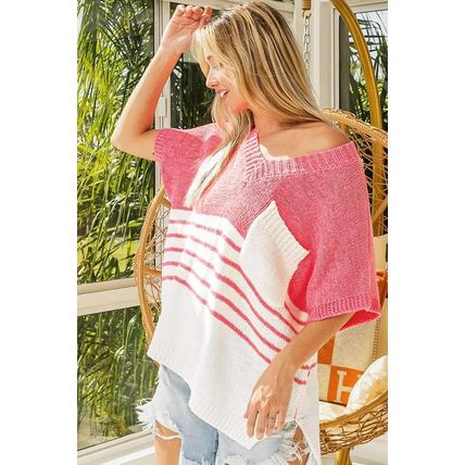 Strawberry Pink Contrast Stripes V Neck Knitted Short Sleeve Top
