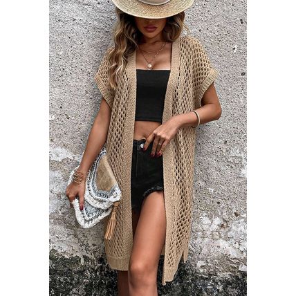 Camel Batwing Sleeve Pointelle Knit Open Front Cardigan