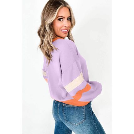 Orchid Bouquet Contrast Rib Knit Patchwork Drop Shoulder V Neck Sweatshirt