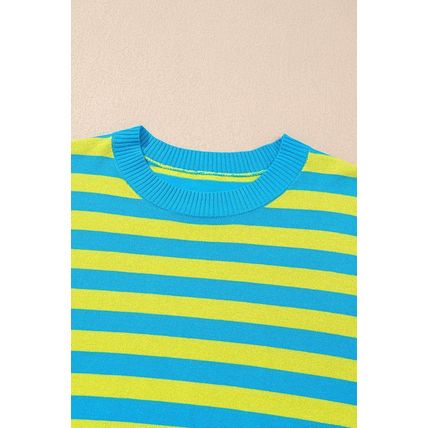 Green Stripe Crew Neck Drop Shoulder Casual Sweater