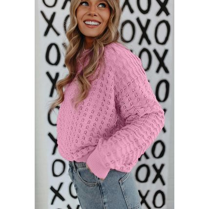 Pink Crochet Knit Drop Shoulder Sweater