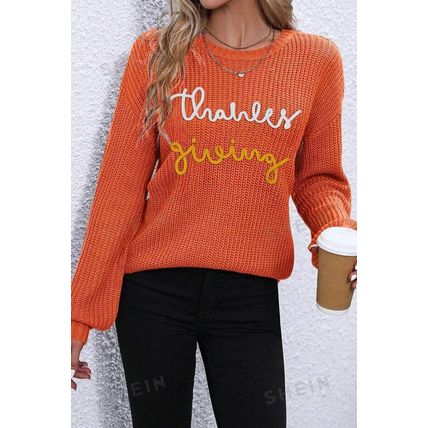 Gold Flame Thanks Giving Letter Graphic Crew Neck Sweater