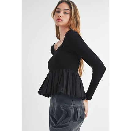 Black Ribbed Knit Long Sleeve Scoop Neck Peplum Patchwork Top