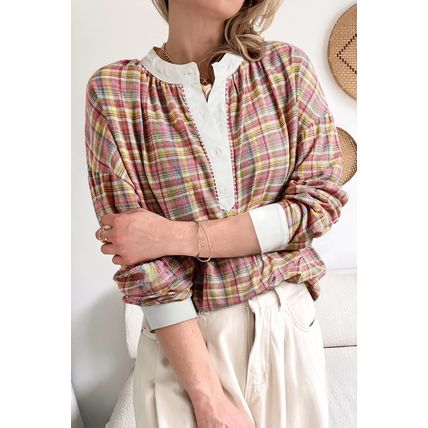Pink Colorblock Plaid Patchwork Henley Blouse