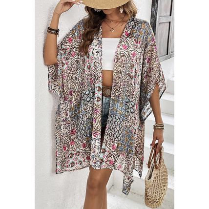 Apricot Floral Print Short Wide Sleeve Open Front Loose Kimono