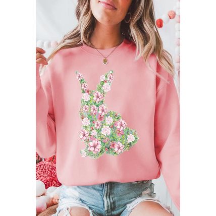 Pink Floral Bunny Printed Crewneck Easter Fashion Sweatshirt