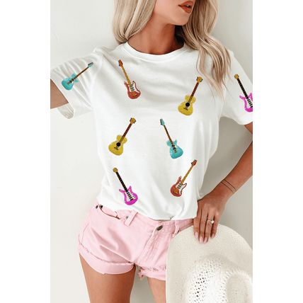 White Guitar Patched Graphic Crew Neck Tee