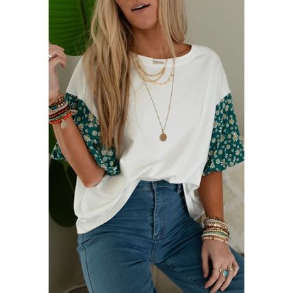 White Contrast Floral Puff Sleeve Oversized Top