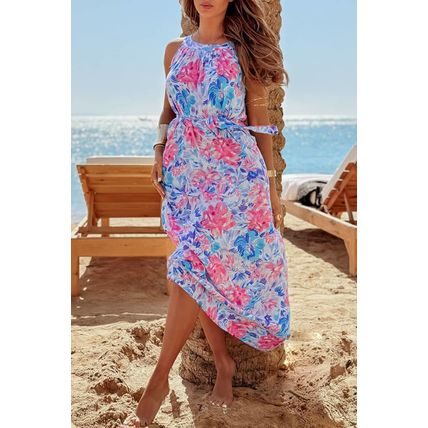 Sky Blue Floral Printed Sleeveless O Neck Knot Waist Maxi Dress