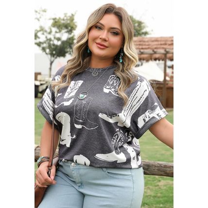 Gray Plus Size Western Boots Print Crew Neck T Shirt
