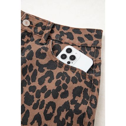 Brown Leopard Denim Frayed Split Denim Midi Skirt