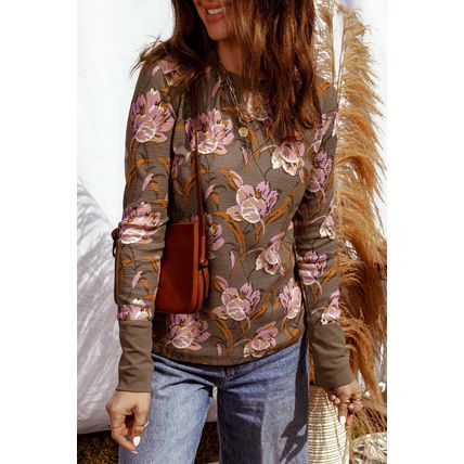Brown Floral Print Waffle Textured Long Sleeve Top